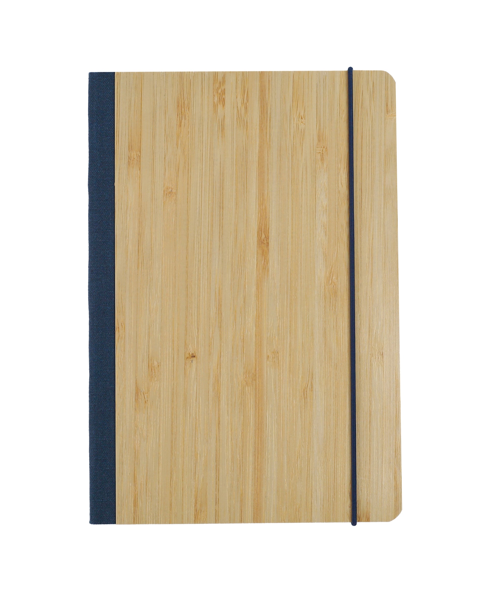 Bamboo Notebook with smooth wooden cover, black spine, and elastic band for secure closure and stylish look