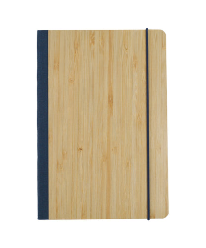 Bamboo Notebook with smooth wooden cover, black spine, and elastic band for secure closure and stylish look