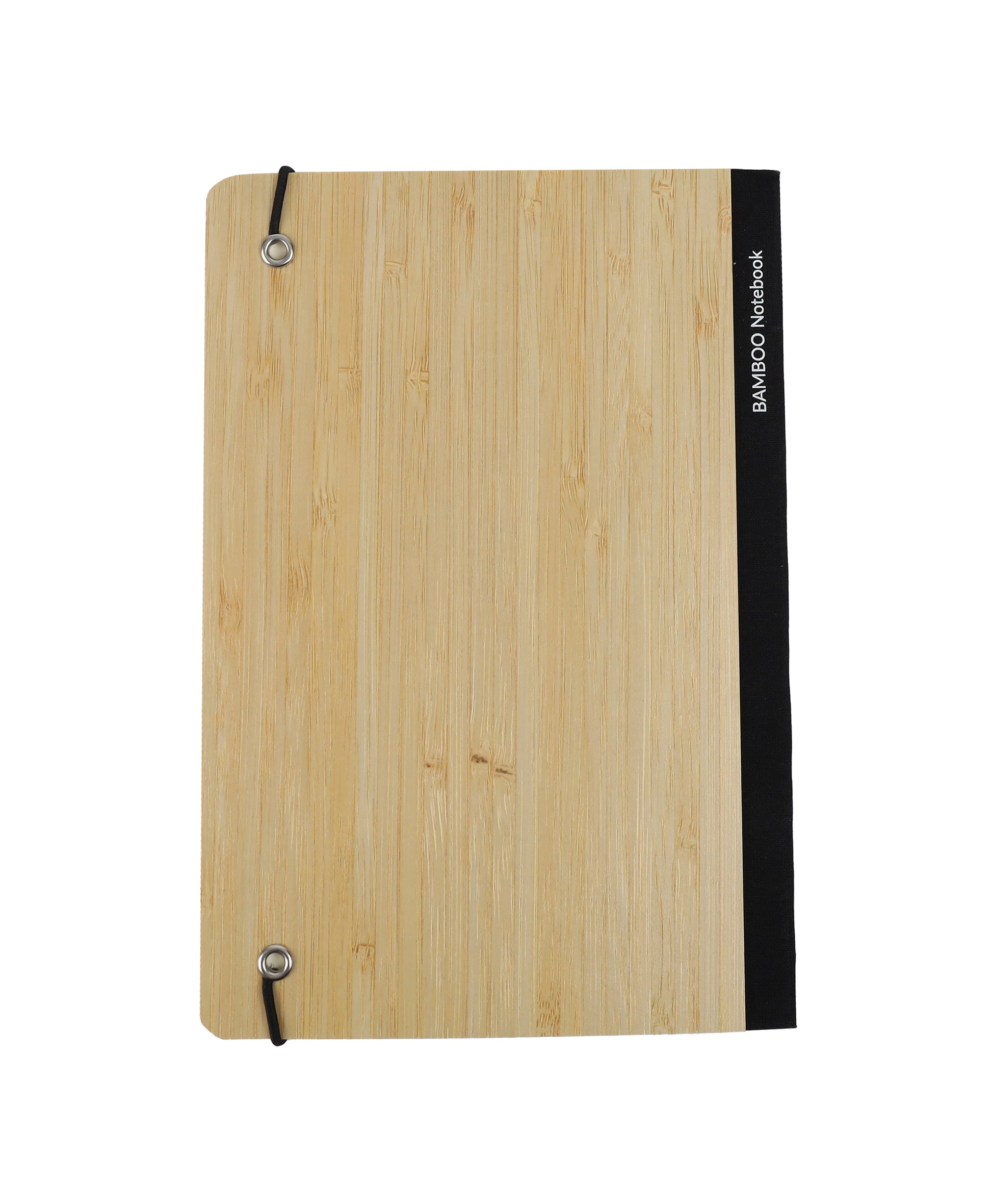 Bamboo Notebook with natural wooden cover and elastic band closure, featuring a black spine strip and minimalist design