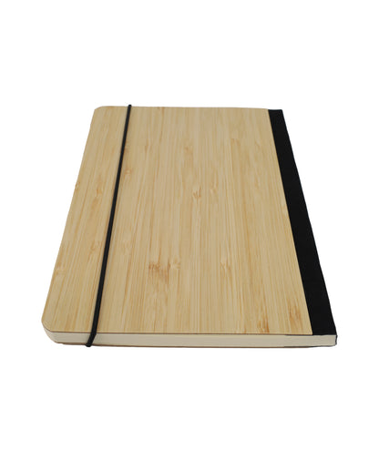 Bamboo Notebook with natural wood cover, black elastic band, and sleek design for elegant note-taking and journaling