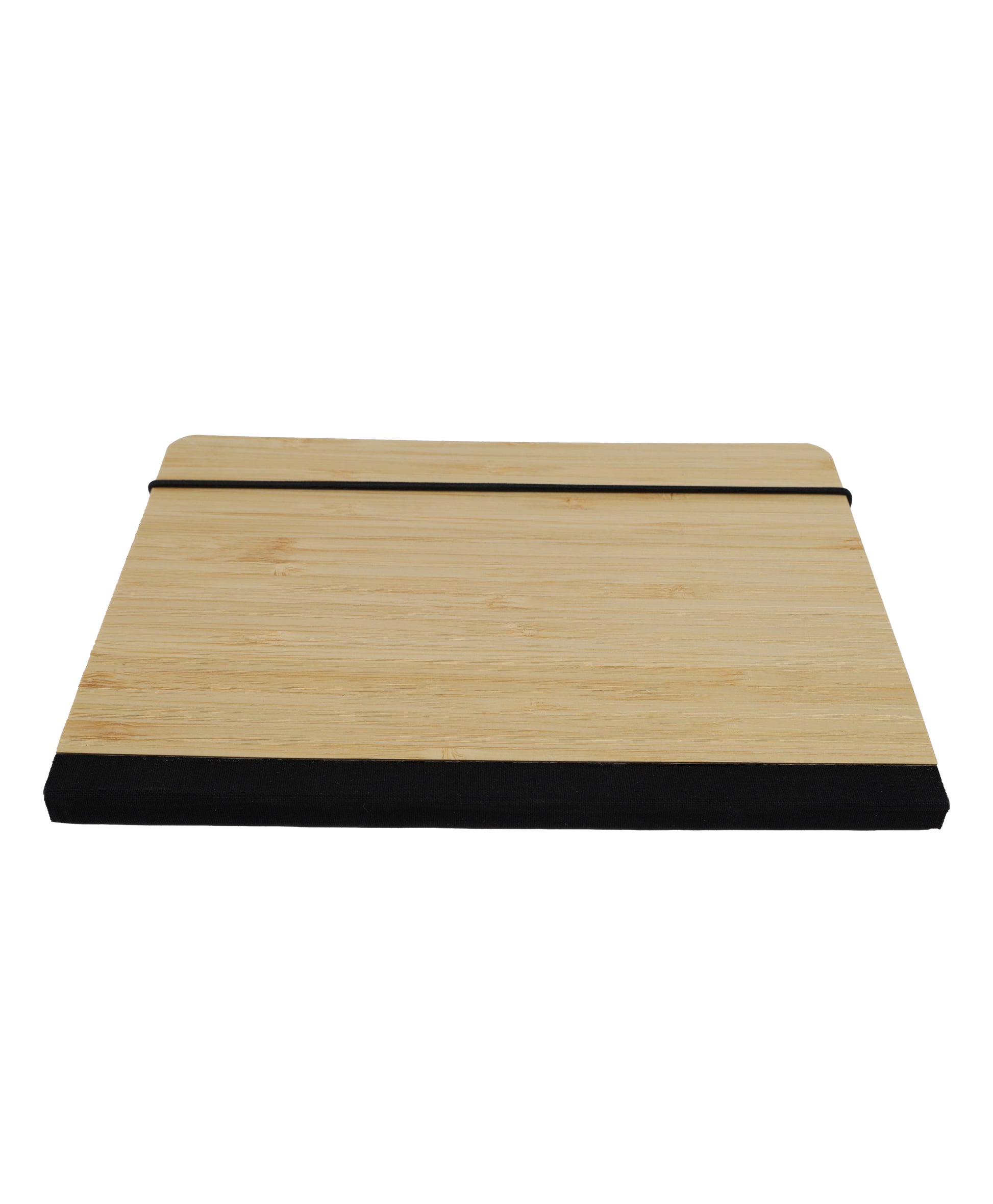 Bamboo Notebook with natural wood cover and black elastic band for secure closure on white background