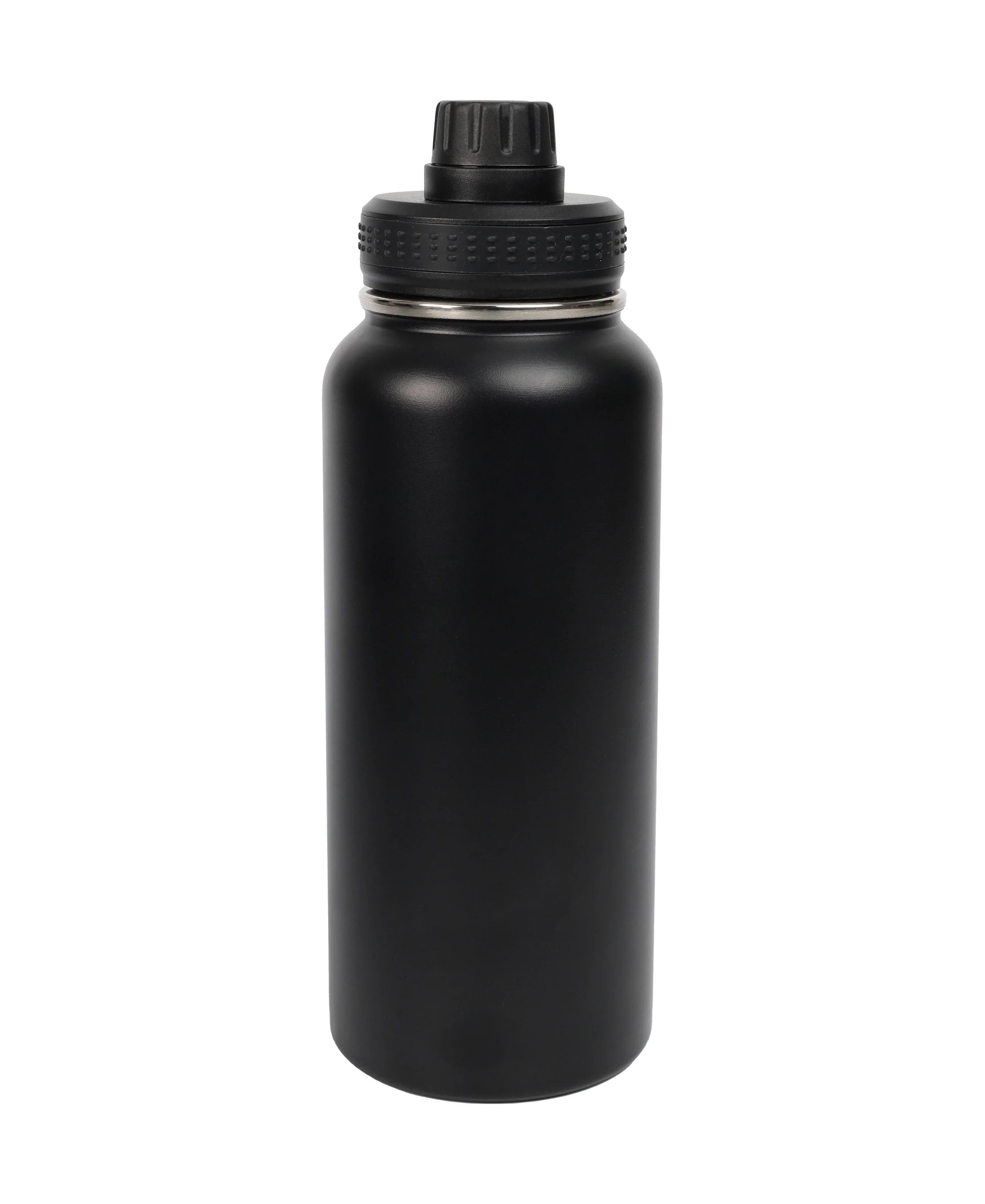 Black sleek insulated Magnetic Lid Stainless Steel Bottle with secure screw-on cap isolated on white background
