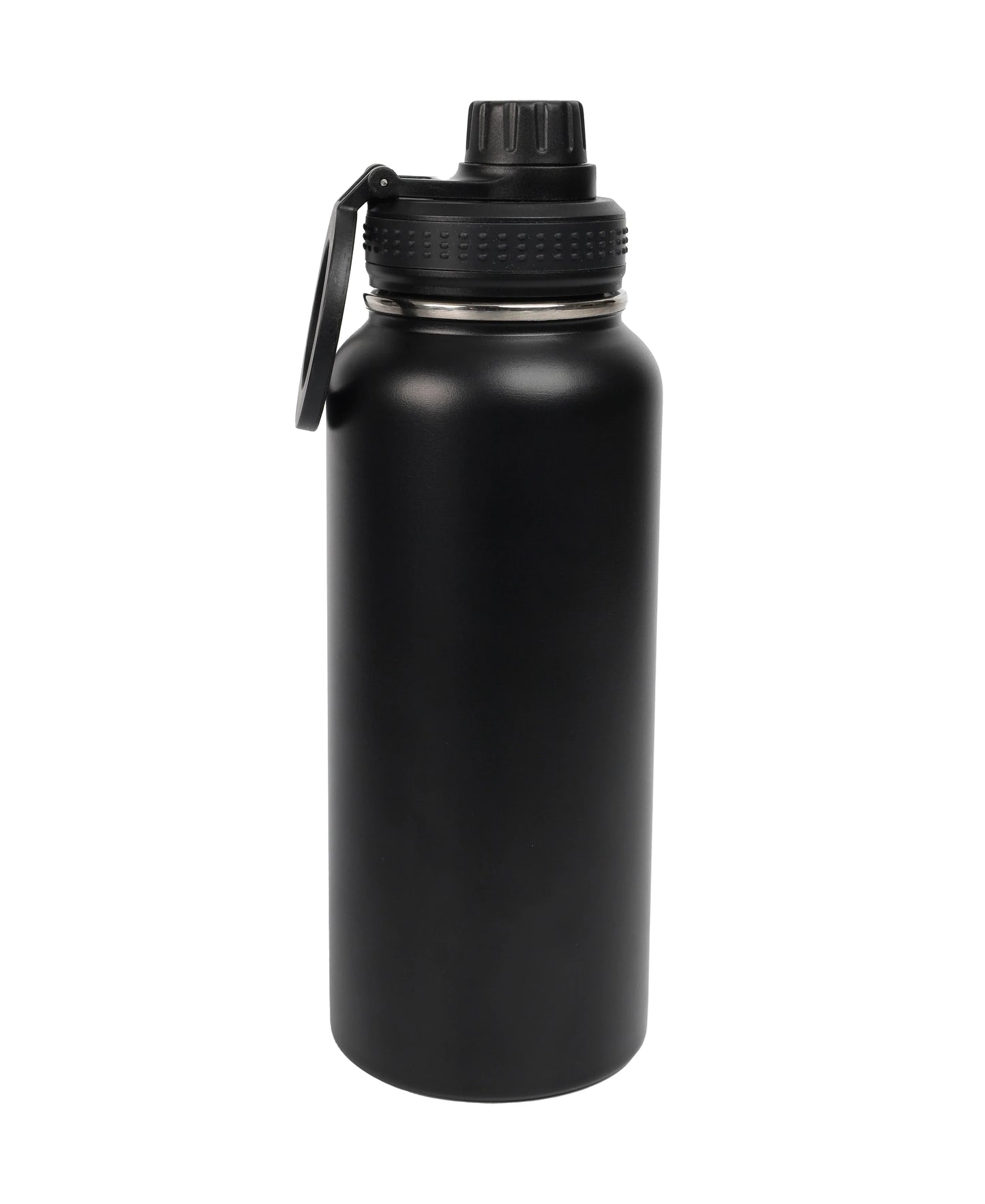 Black Magnetic Lid Stainless Steel Bottle with textured lid and loop handle for easy carrying isolated on white background