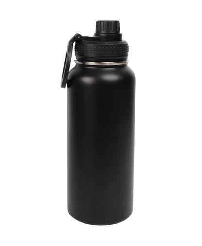 Black Magnetic Lid Stainless Steel Bottle with textured lid and loop handle for easy carrying isolated on white background