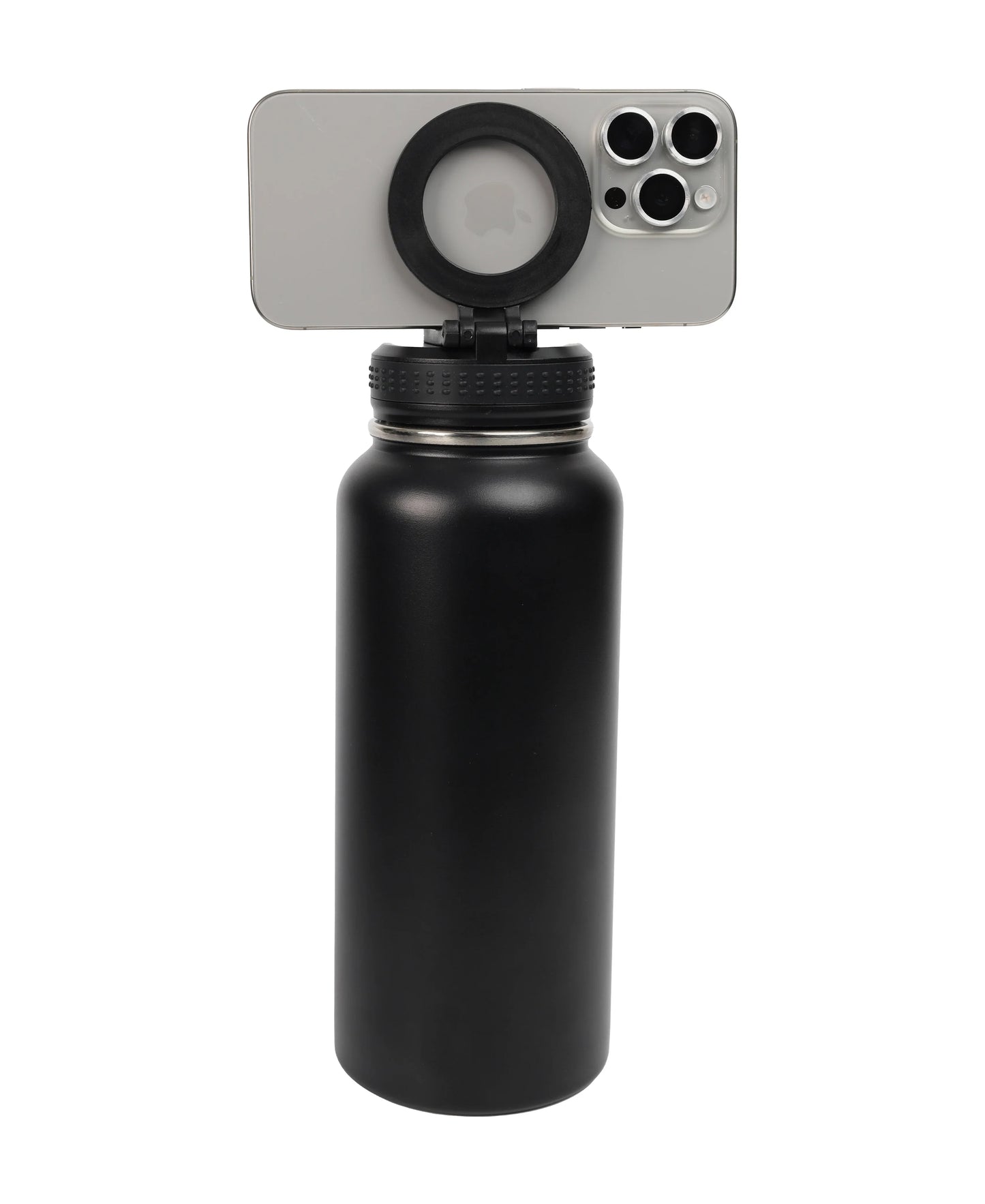 Magnetic Lid Stainless Steel Bottle in black with a smartphone attached to the magnetic lid for hands-free use.