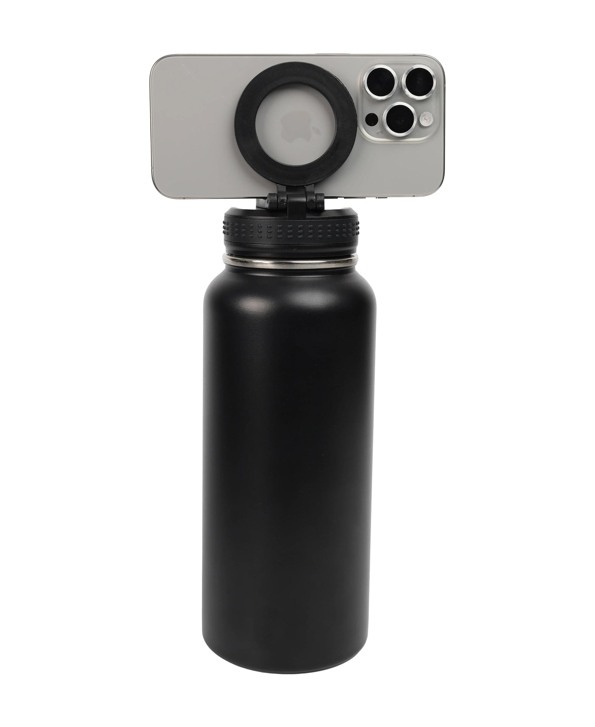 Magnetic Lid Stainless Steel Bottle in black with a smartphone attached to the magnetic lid for hands-free use.