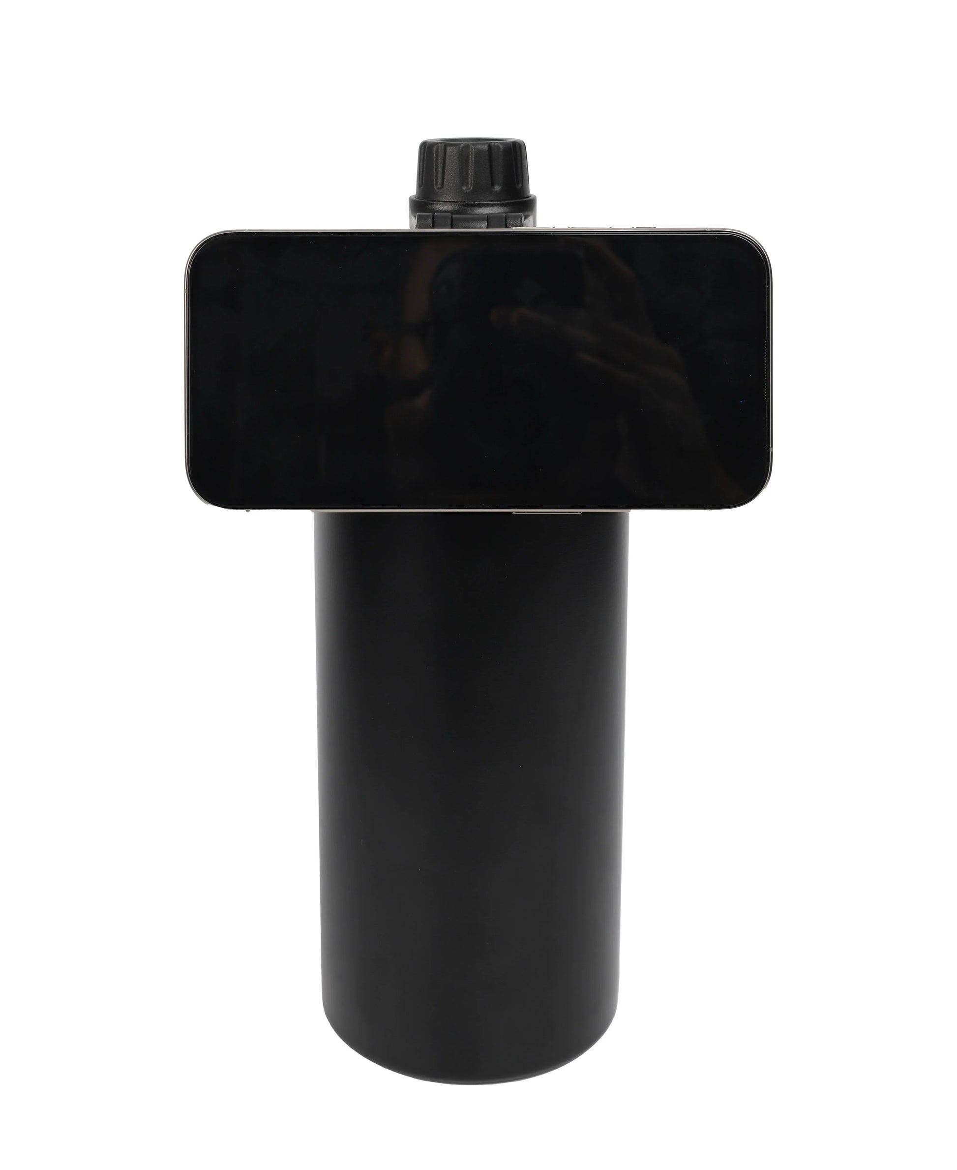 Magnetic Lid Stainless Steel Bottle in black holding a smartphone horizontally on its magnetic lid against white background