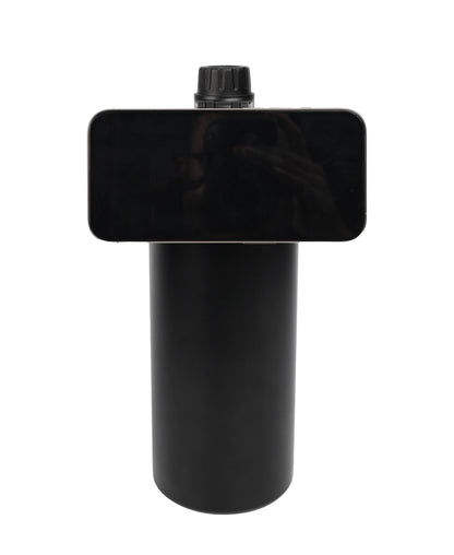 Magnetic Lid Stainless Steel Bottle in black holding a smartphone horizontally on its magnetic lid against white background