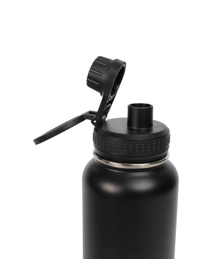 Close-up of a black Magnetic Lid Stainless Steel Bottle with open spout and textured grip lid against white background