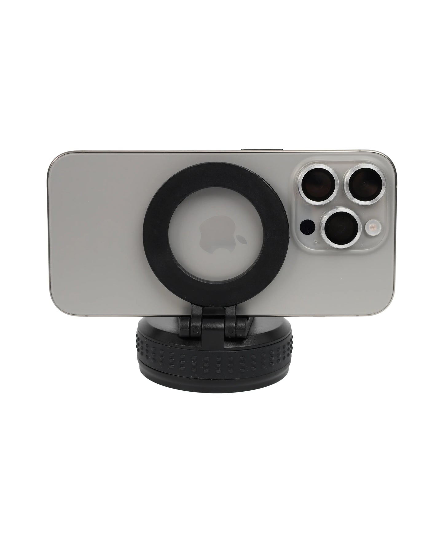 Magnetic Lid Stainless Steel Bottle shown with a smartphone mounted on a black circular magnetic holder stand