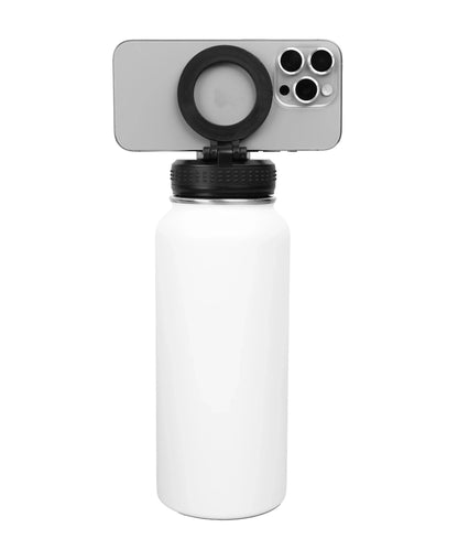 Magnetic Lid Stainless Steel Bottle with phone holder attachment showing a modern smartphone mounted on top