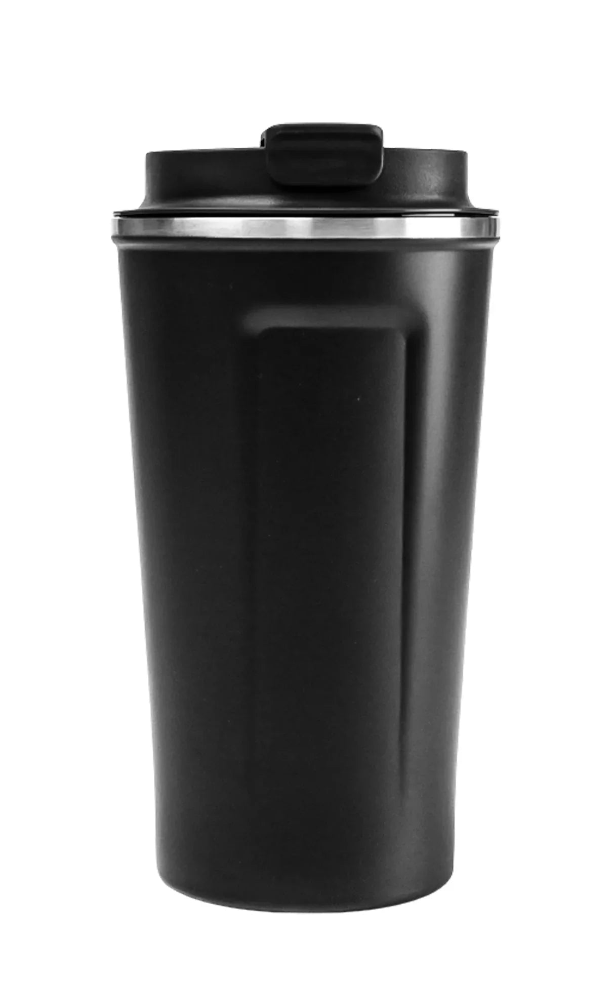 Black Matte Stainless Steel Tumbler with spill-proof lid designed for hot or cold beverages on the go.