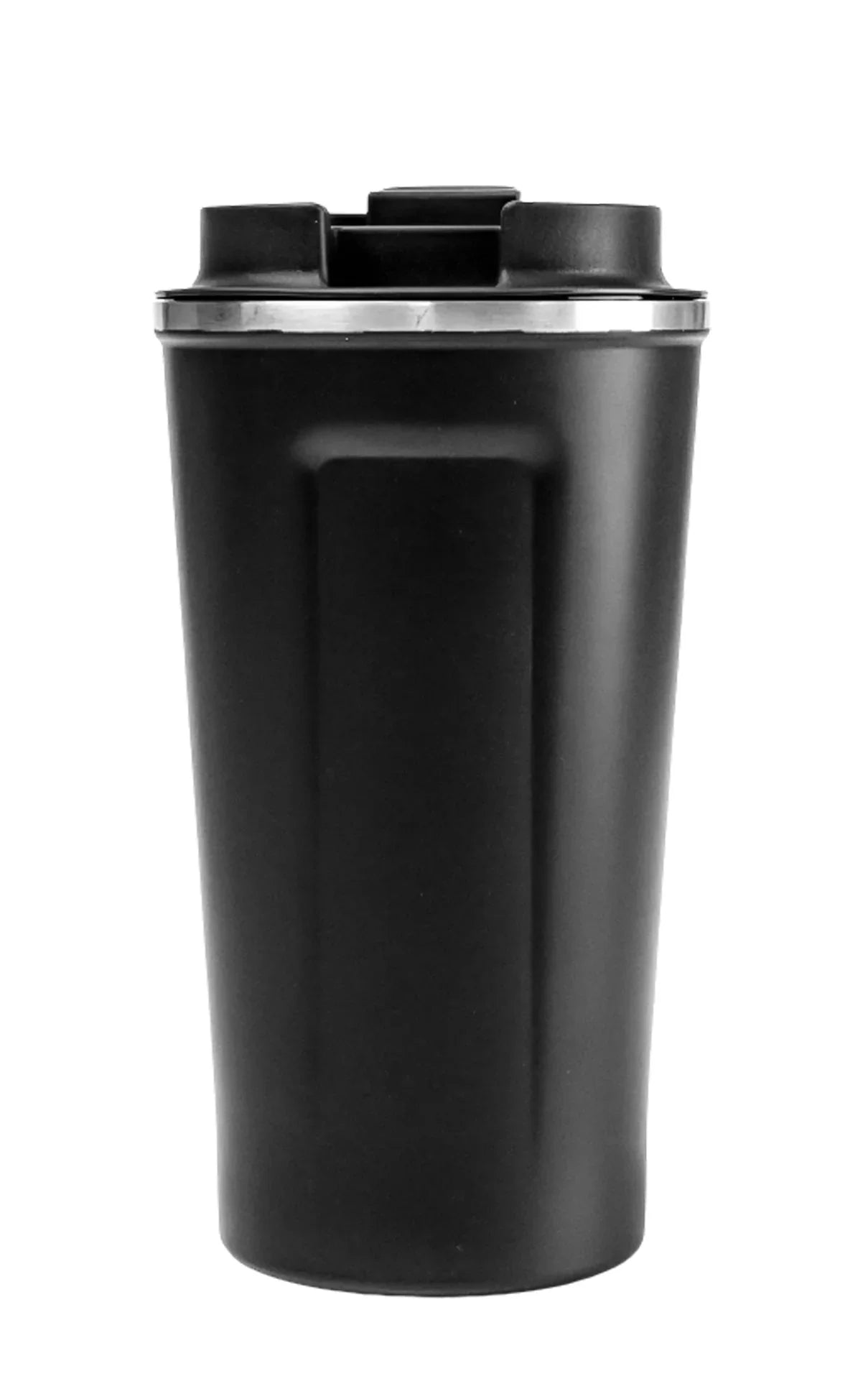 Matte Stainless Steel Tumbler in black with a secure lid designed for easy drinking and portability