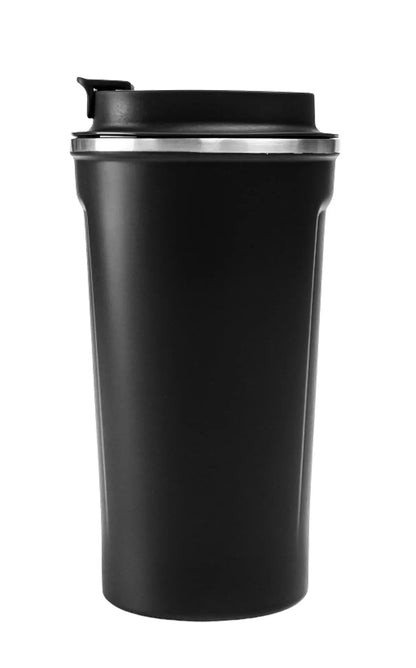Matte Stainless Steel Tumbler in black with spill-proof lid for hot and cold beverages, perfect for travel and daily use
