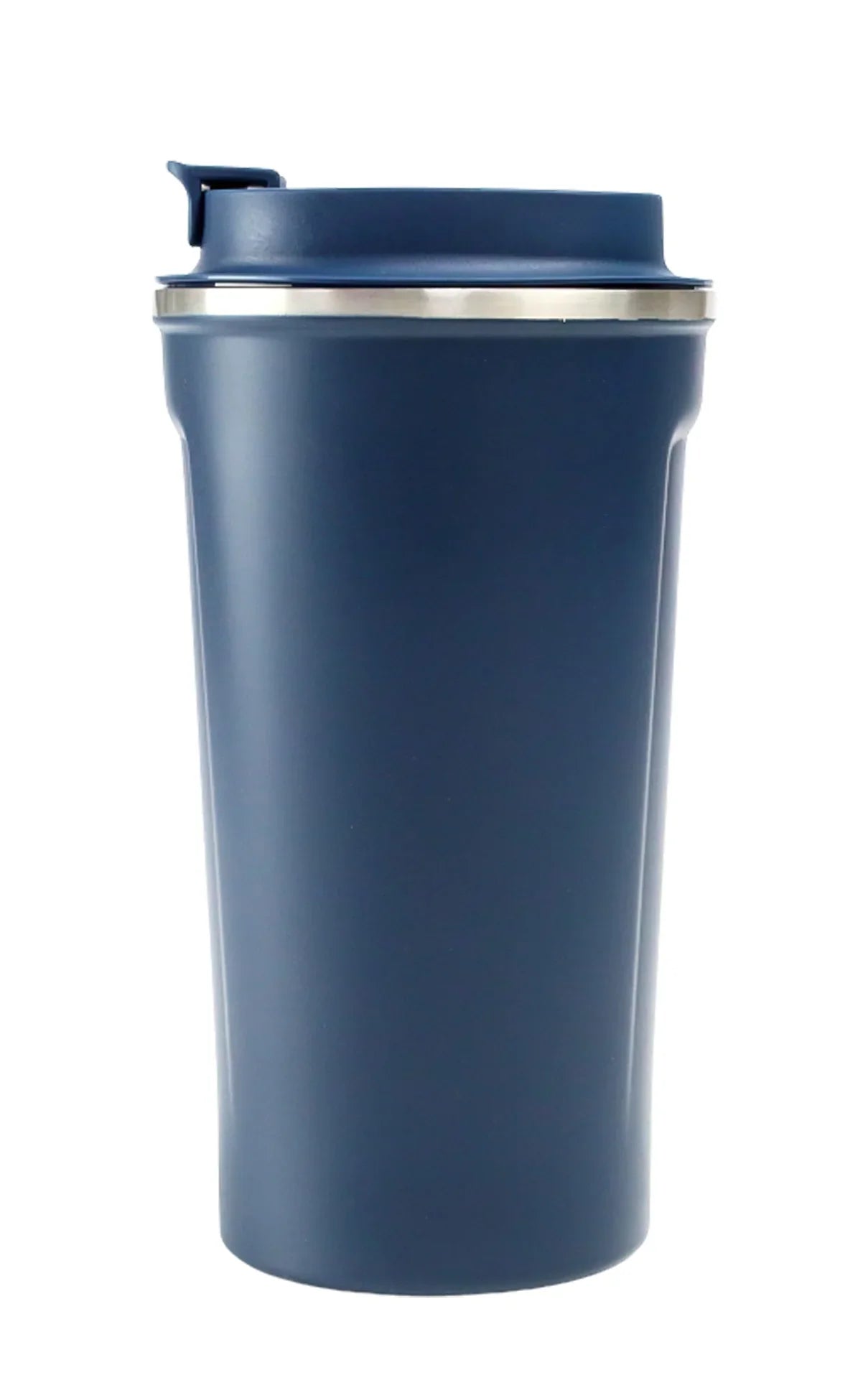 Matte Stainless Steel Tumbler in navy blue with spill-proof lid, ideal for hot or cold beverages on the go