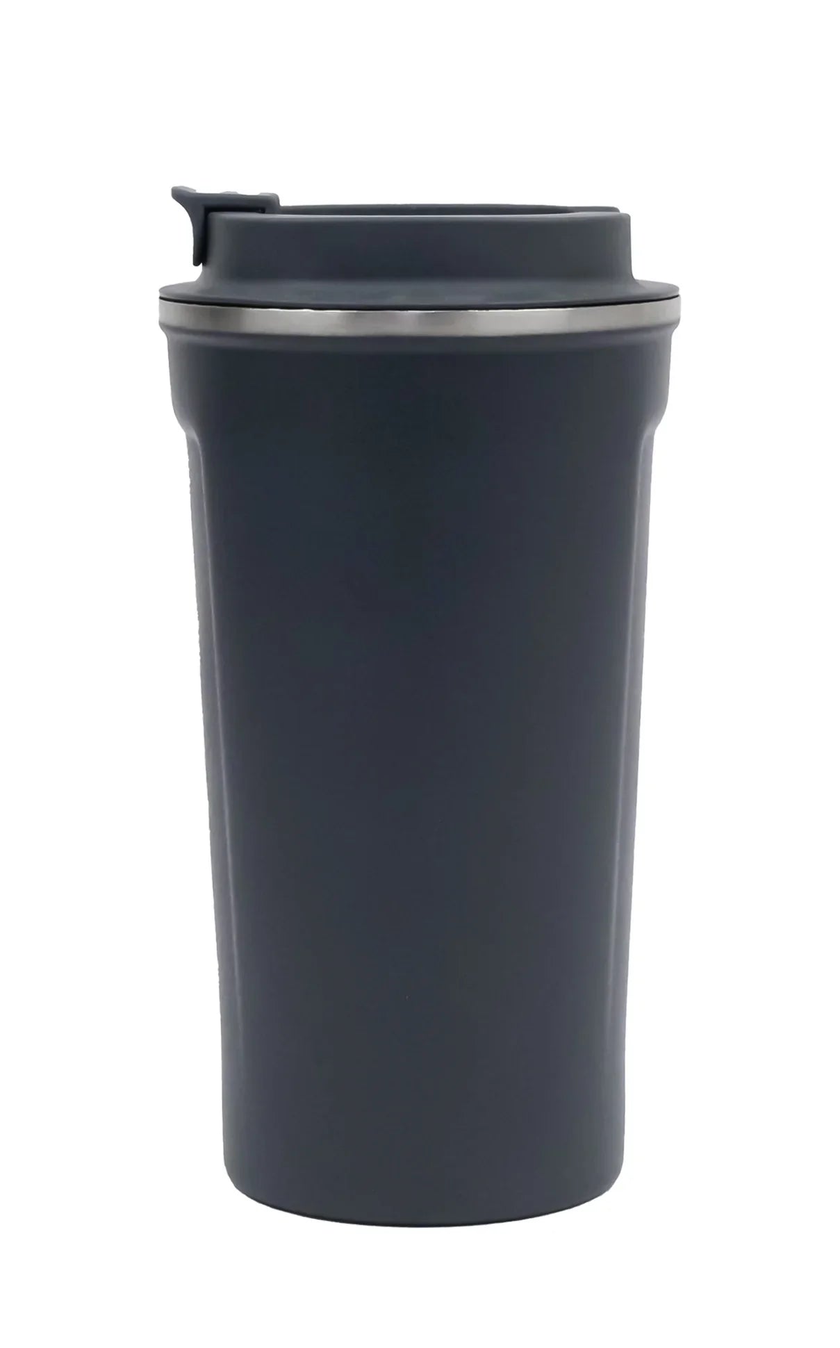 Matte Stainless Steel Tumbler in dark gray with spill-resistant lid for hot or cold beverages on the go