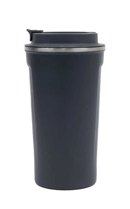 Matte Stainless Steel Tumbler in dark gray with spill-resistant lid for hot or cold beverages on the go