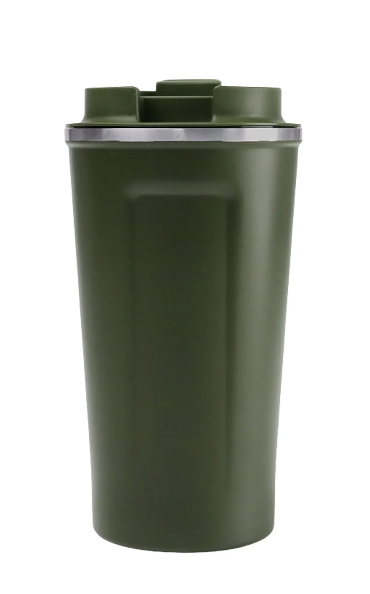 Matte Stainless Steel Tumbler in olive green with spill-resistant lid designed for hot and cold beverages.