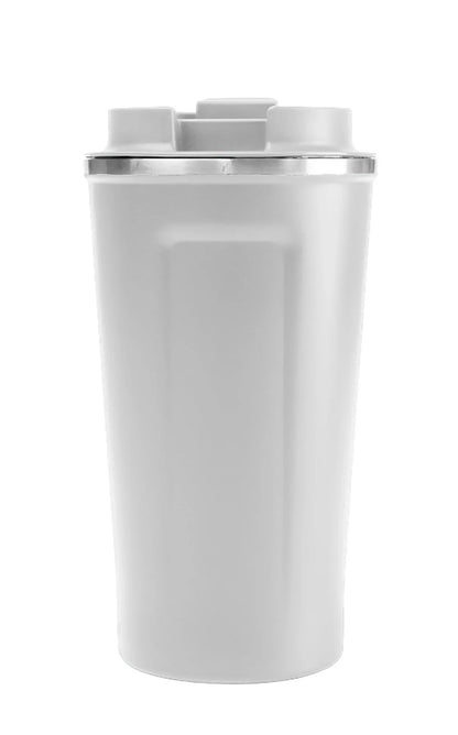 Matte Stainless Steel Tumbler with sleek white finish and secure lid for hot or cold beverages on the go