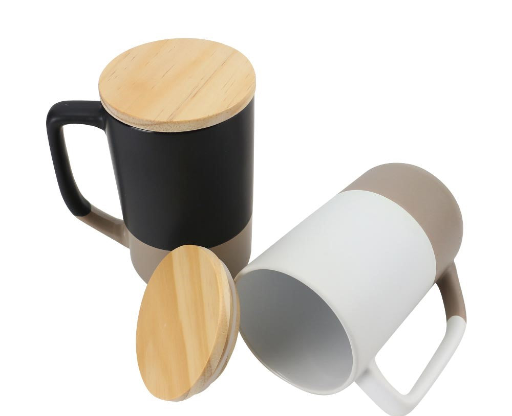 Two-toned Ceramic Mugs with Clay Bottom, Bamboo Lid - Novelty