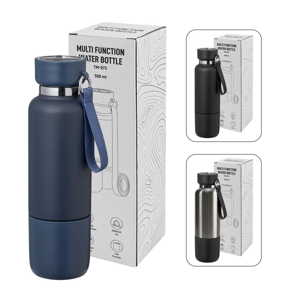 Multi-function SS Bottles, Double Wall, Base Cup, Lanyard, 500ml - Novelty