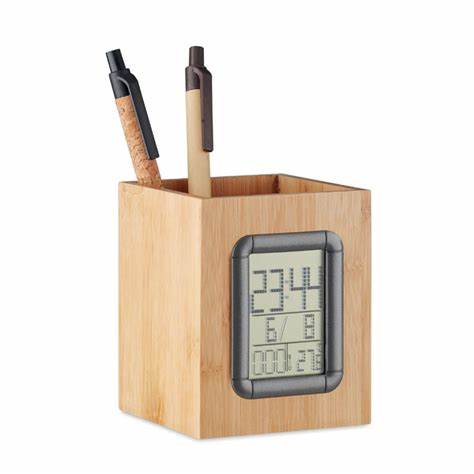 BAMBOO PEN HOLDER WITH LCD DIGITAL CLOCK - Novelty