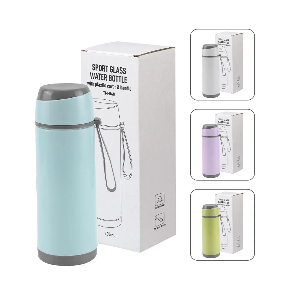 Sports Glass Bottles 500ml Twist off Lid and Carry Handle - Novelty