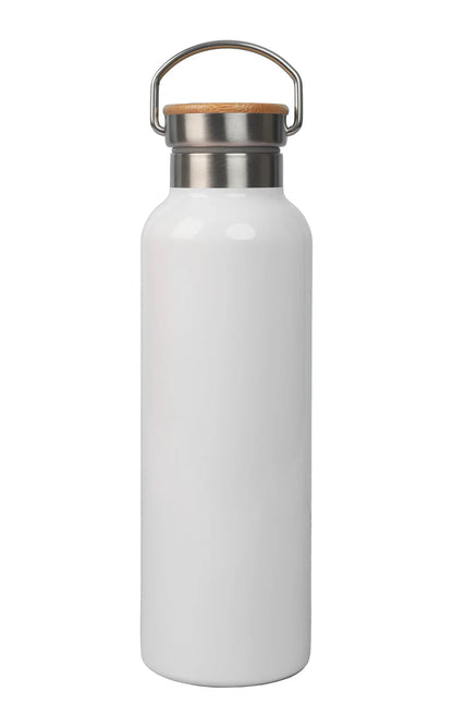 White insulated Stainless Steel Bamboo Flask with bamboo lid and stainless steel handle for easy carrying