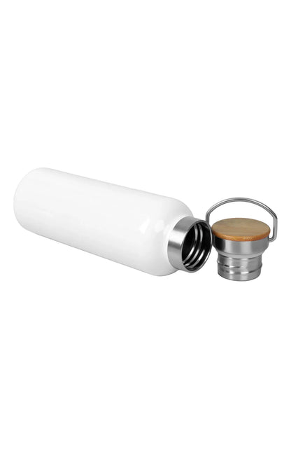 White Stainless Steel Bamboo Flask with open lid showing bamboo top and stainless steel body design