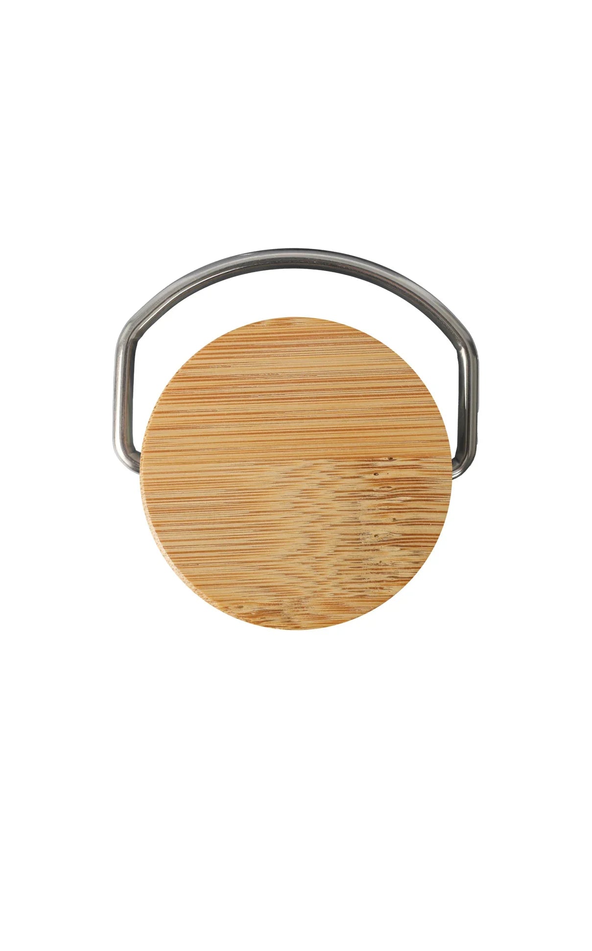 Top view of Stainless Steel Bamboo Flask natural bamboo lid with metal handle against white background