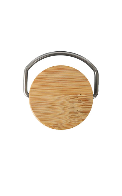 Top view of Stainless Steel Bamboo Flask natural bamboo lid with metal handle against white background