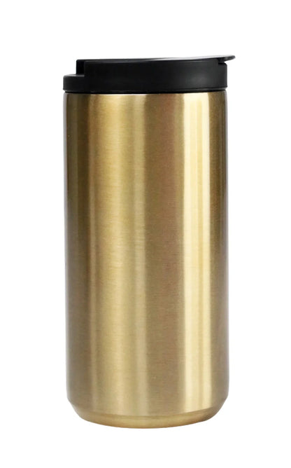 Stainless Steel Tumbler 380ml in metallic gold finish with a black leak-proof lid for hot and cold beverages.