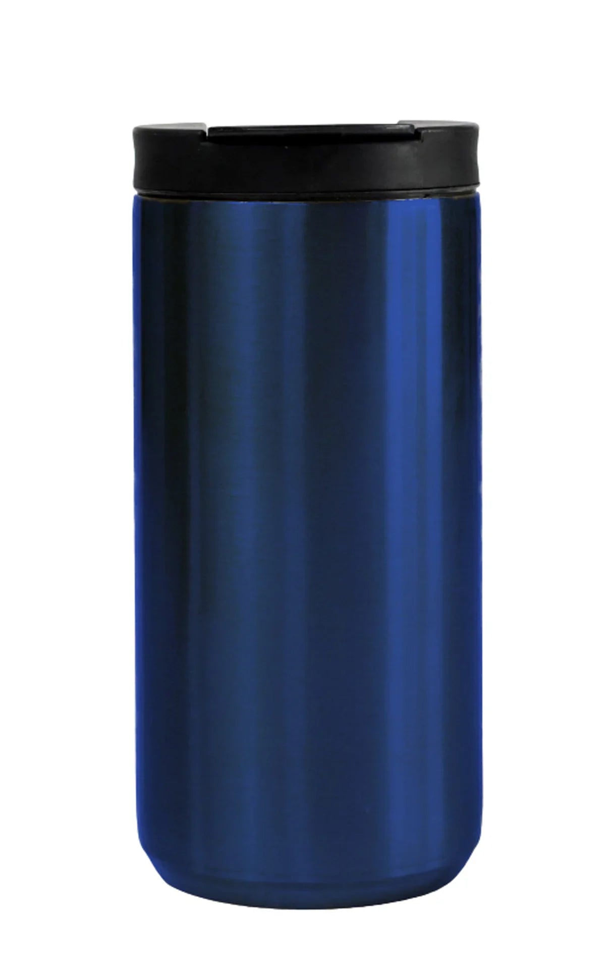 Blue stainless steel tumbler with black lid, sleek and portable design, Stainless Steel Tumbler 380ml.