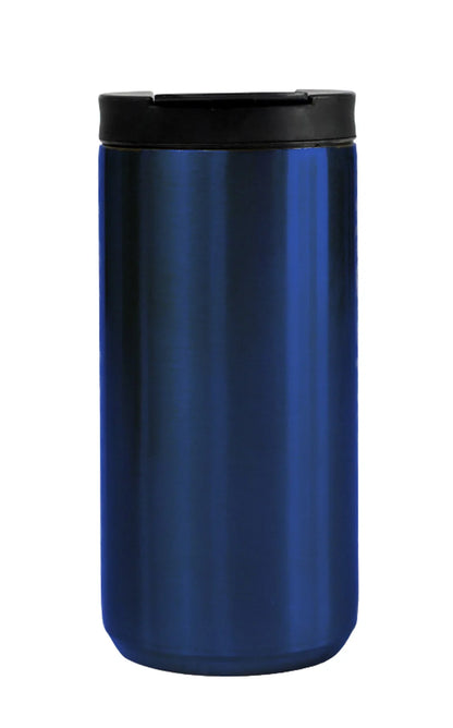 Blue stainless steel tumbler with black lid, sleek and portable design, Stainless Steel Tumbler 380ml.