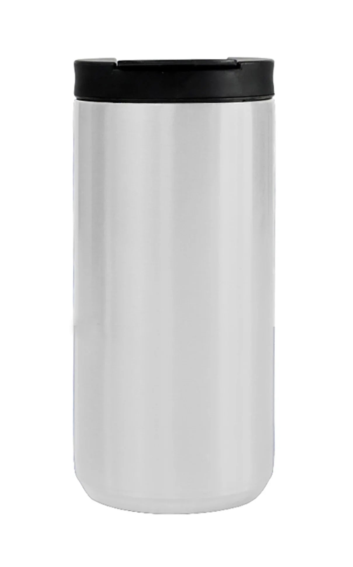 Stainless Steel Tumbler 380ml with sleek silver body and black lid for hot and cold beverage insulation.