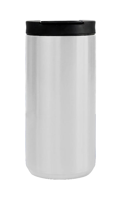 Stainless Steel Tumbler 380ml with sleek silver body and black lid for hot and cold beverage insulation.