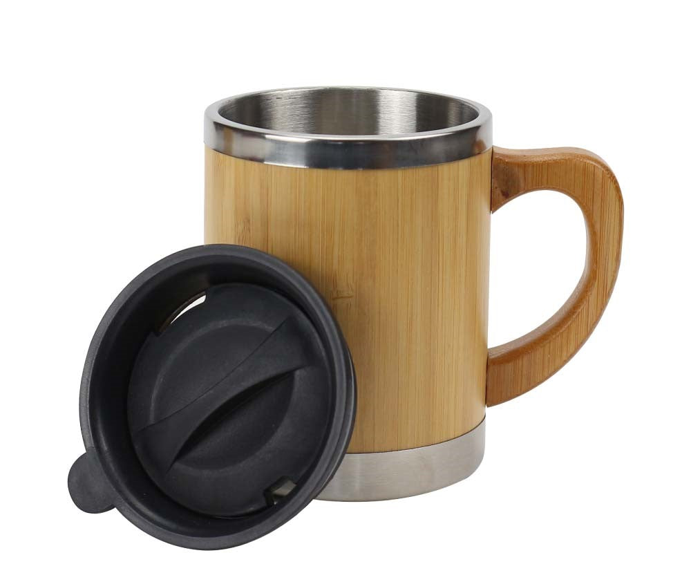 Bamboo & Stainless Steel Coffee Travel Mug with Handle and Lid - Novelty