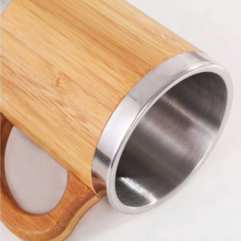 Bamboo & Stainless Steel Coffee Travel Mug with Handle and Lid - Novelty