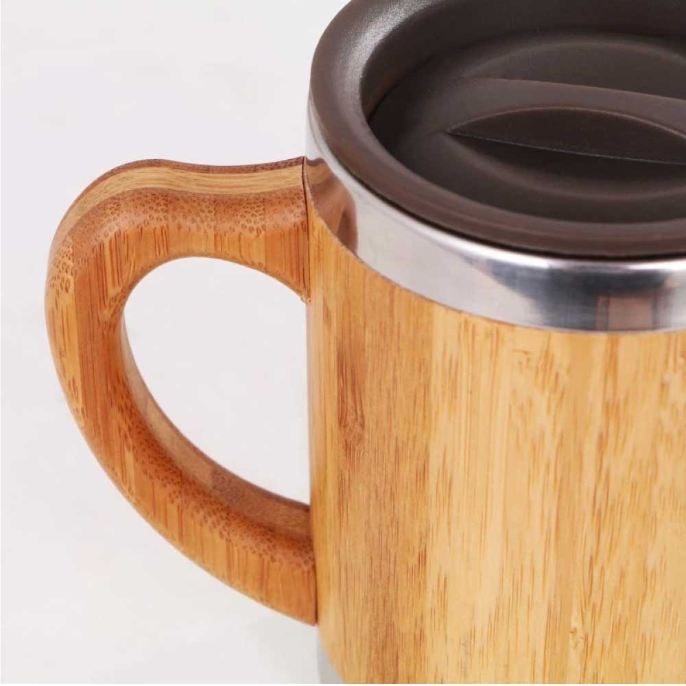 Bamboo & Stainless Steel Coffee Travel Mug with Handle and Lid - Novelty