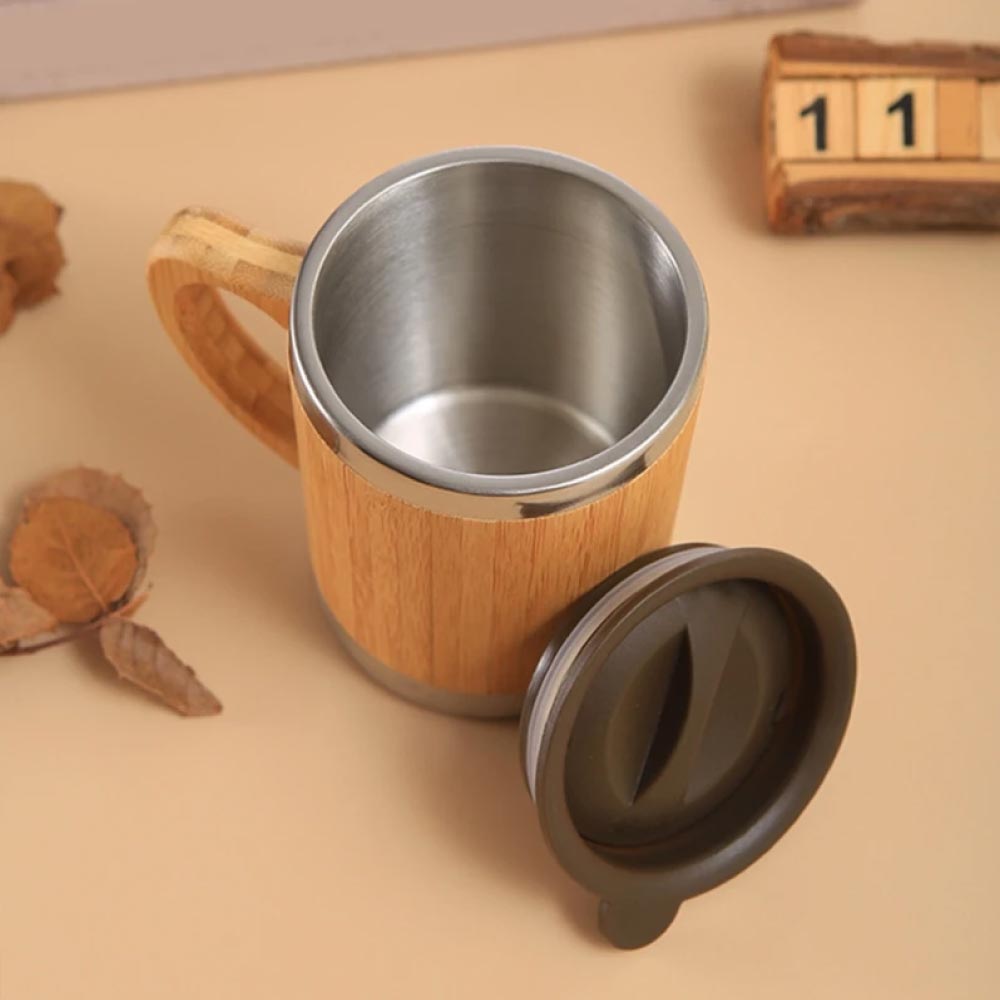 Bamboo & Stainless Steel Coffee Travel Mug with Handle and Lid - Novelty