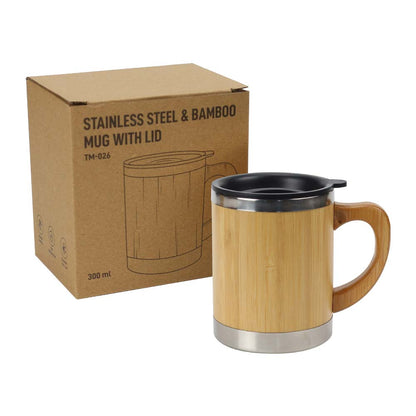 Bamboo & Stainless Steel Coffee Travel Mug with Handle and Lid - Novelty