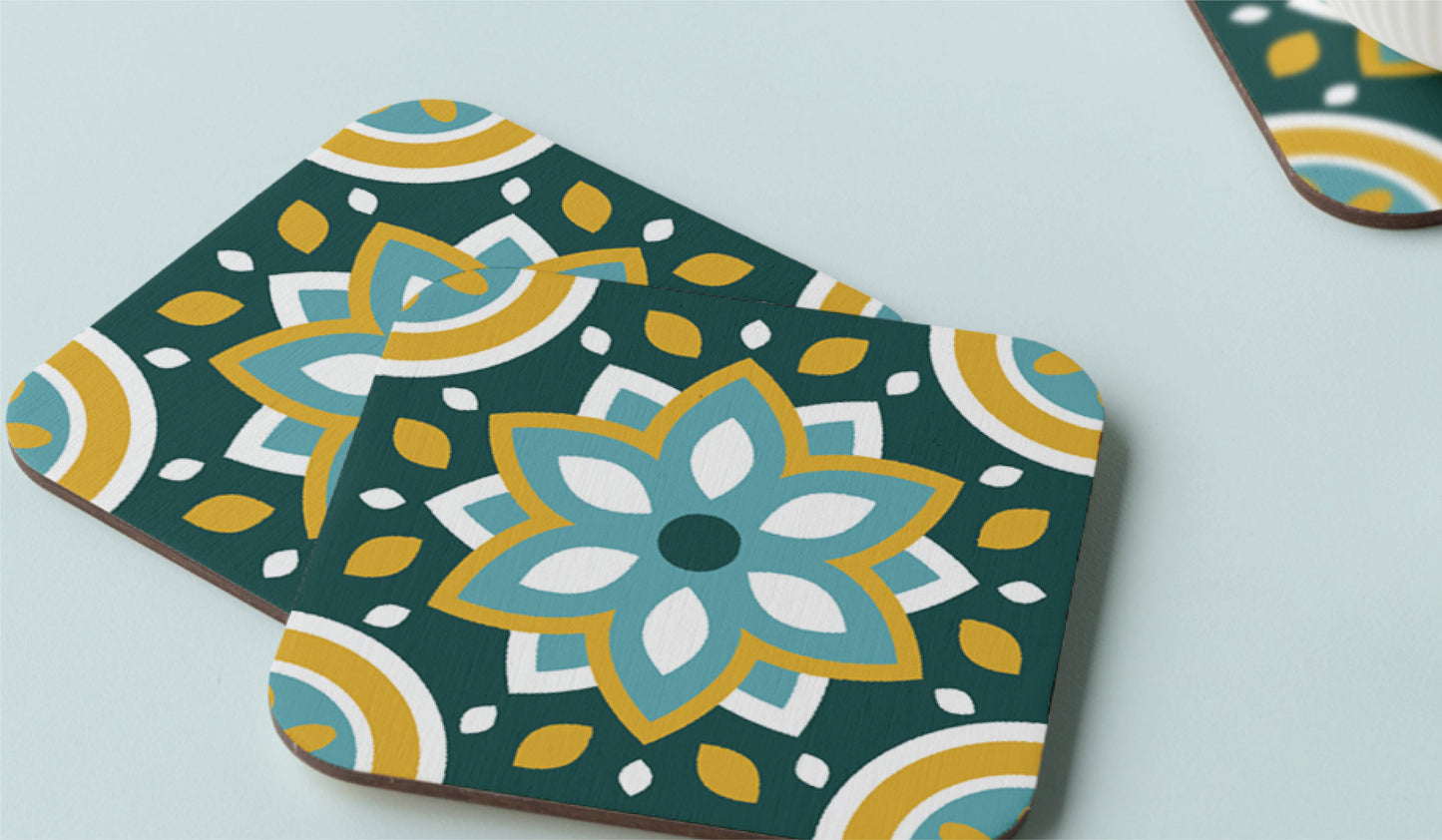 Tea Coaster Cork-Square & Round with green, yellow, and white floral geometric pattern on a light surface