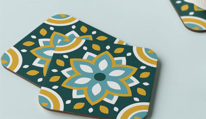 Tea Coaster Cork-Square & Round with green, yellow, and white floral geometric pattern on a light surface