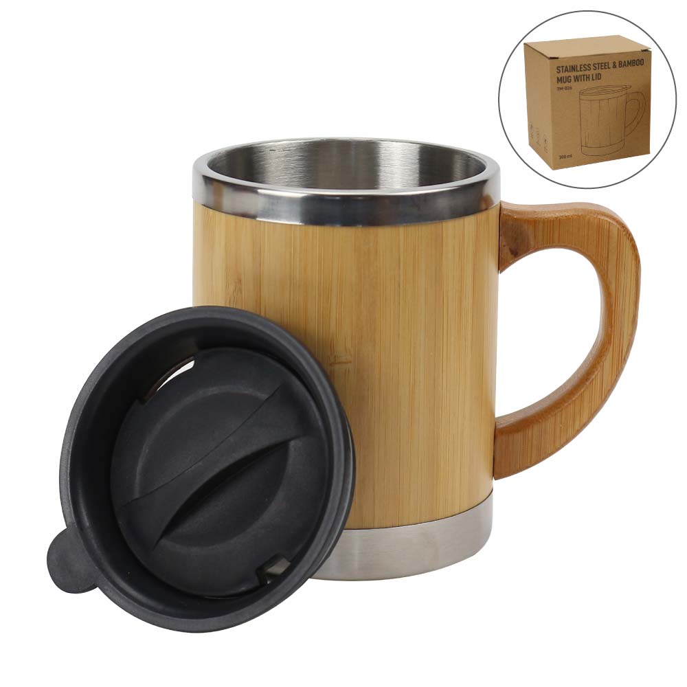 Bamboo & Stainless Steel Coffee Travel Mug with Handle and Lid - Novelty