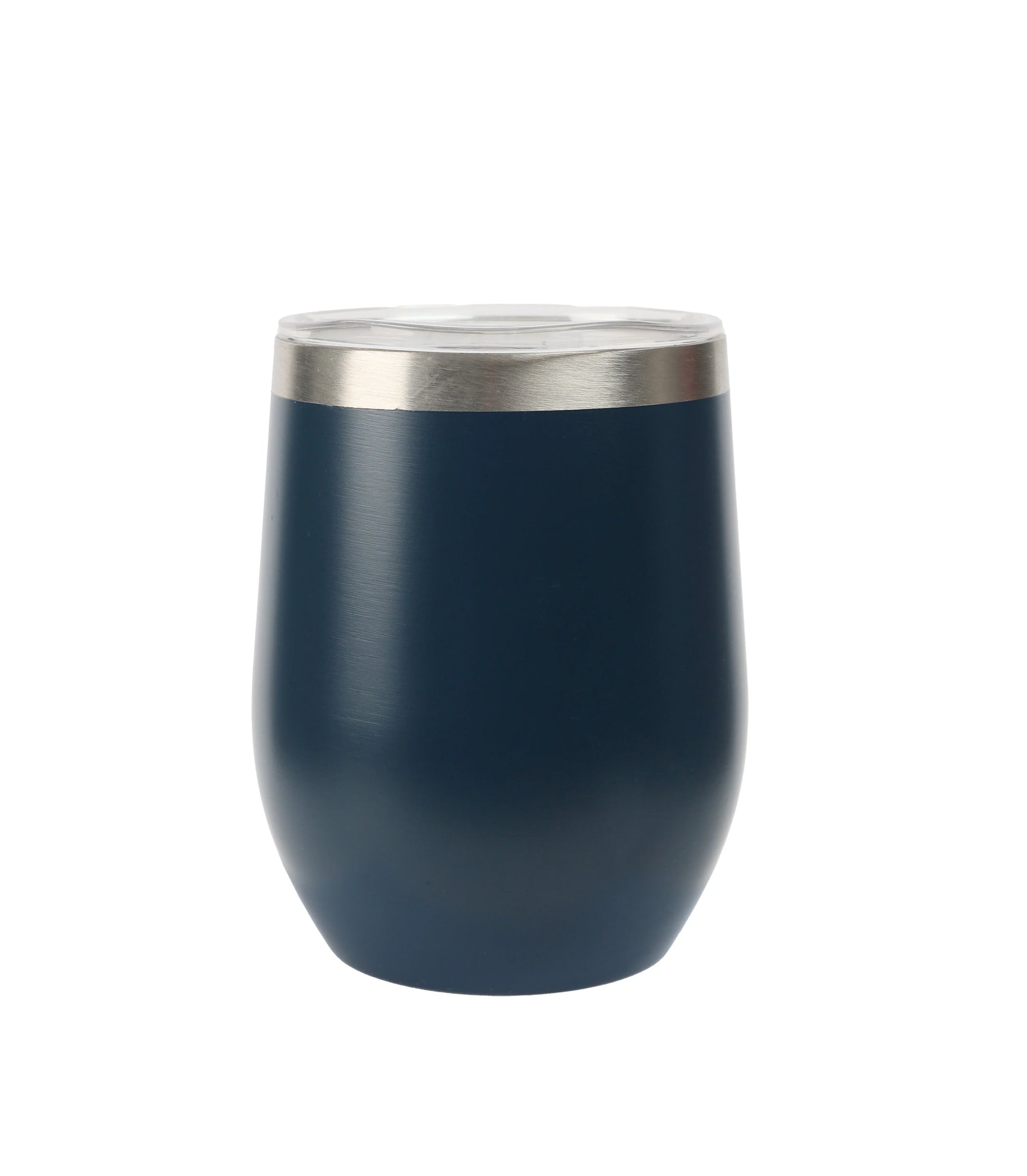 Blue insulated Tumbler with stainless steel rim and clear lid for hot or cold beverages.