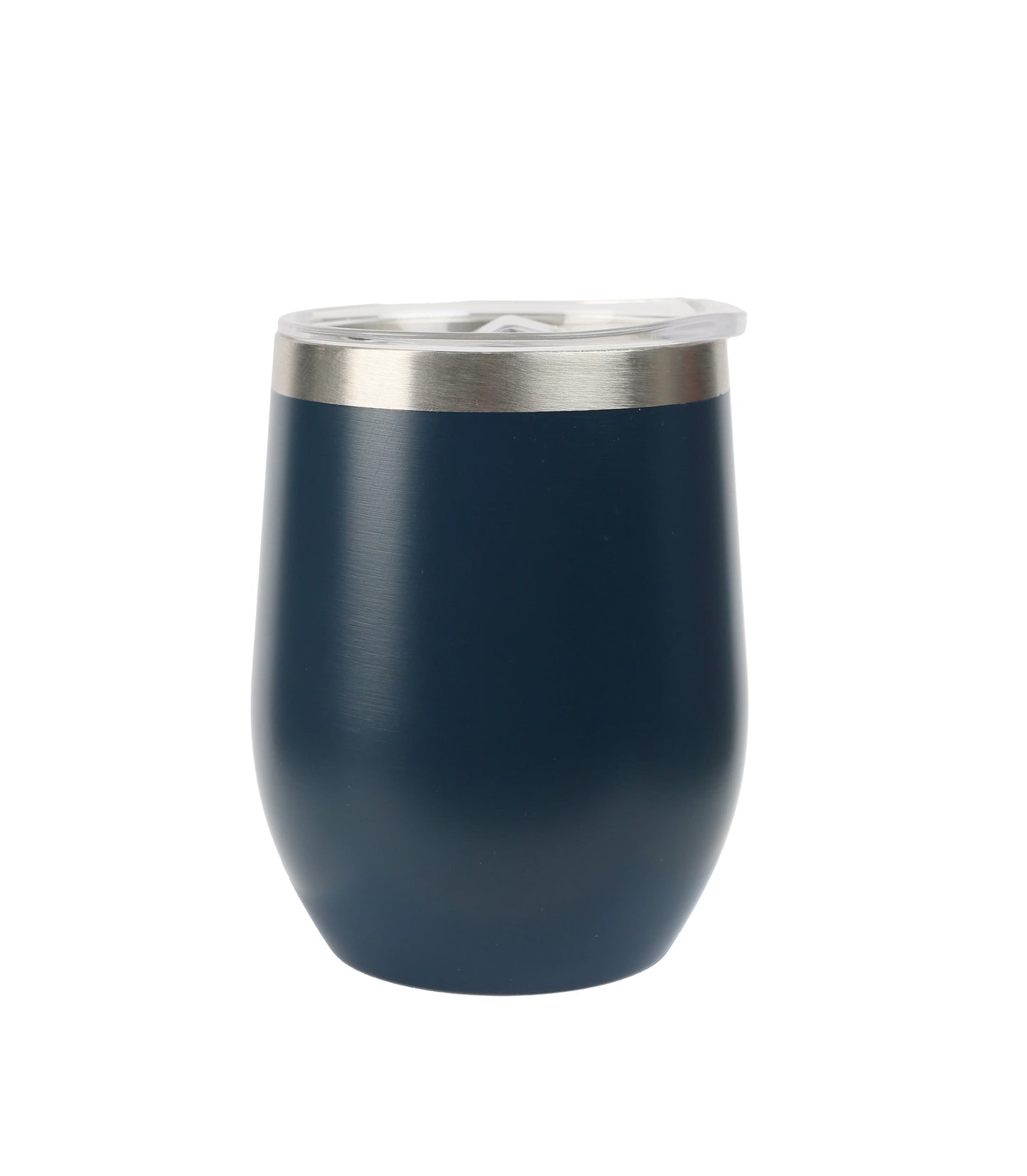 Tumbler with dark blue body and stainless steel rim featuring a clear lid, ideal for hot or cold beverages.