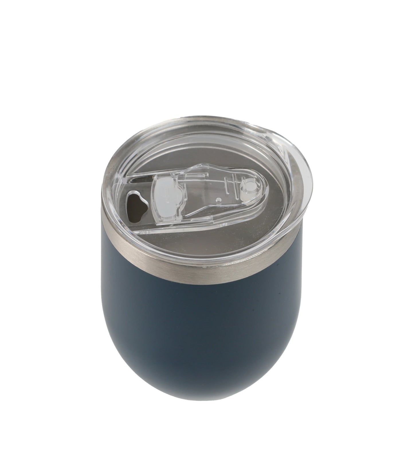 Tumbler with dark blue body and transparent spill-proof lid for hot and cold beverages