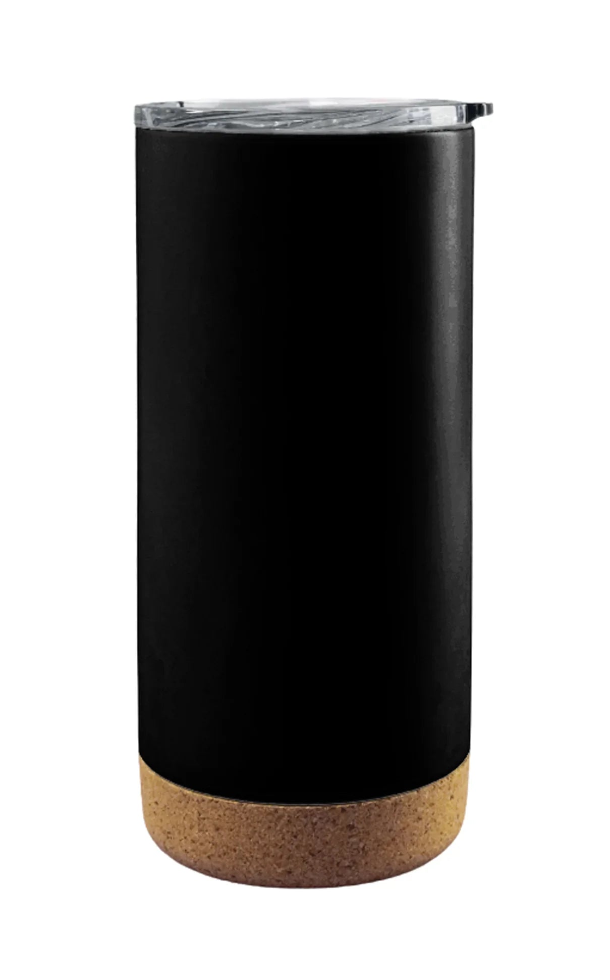 Tumbler with Cork Bottom featuring black body and clear lid, designed for stylish and eco-friendly beverage drinking.