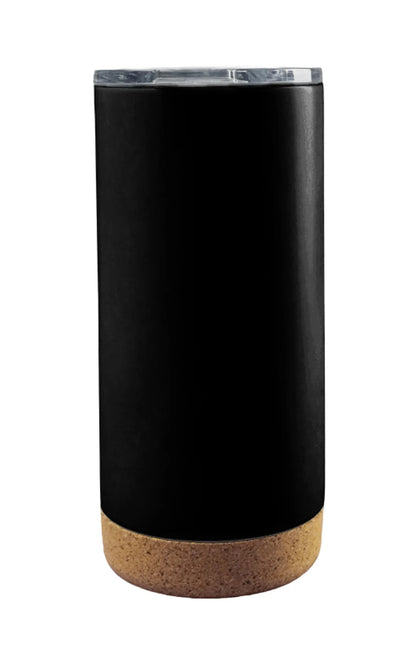 Tumbler with Cork Bottom featuring a sleek black body and natural cork base with a clear lid for beverages
