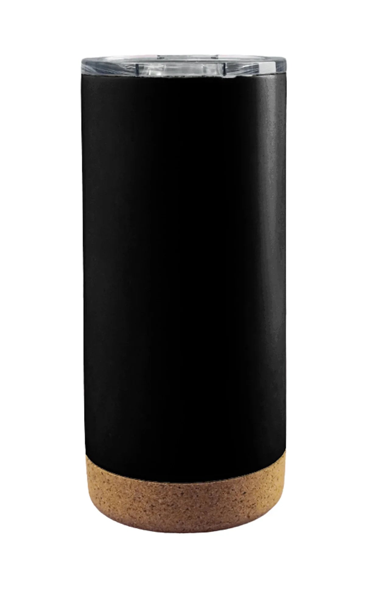Black insulated drinking cup with clear lid and natural cork base, Tumbler with Cork Bottom design